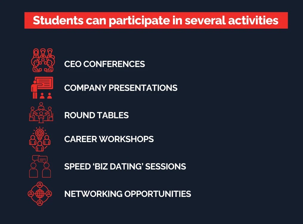 career center plan
Conferenze CEO
Presentazioni aziendali
Tavole rotonde 
Career workshops 
Sessioni Speed Biz-Dating
Opportunità di networking 